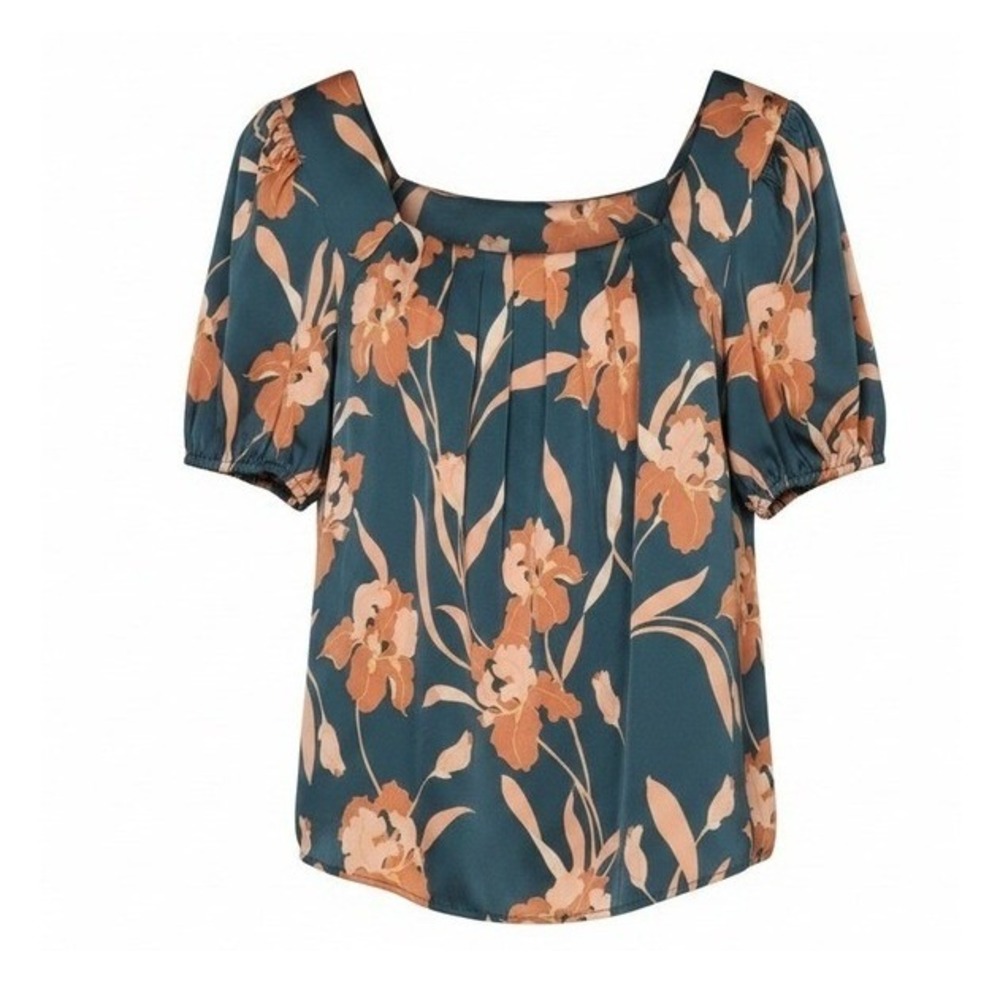 DR2 Puff Sleeve Square Neck Satin Teal Peasant Spring Office Floral Blouse M